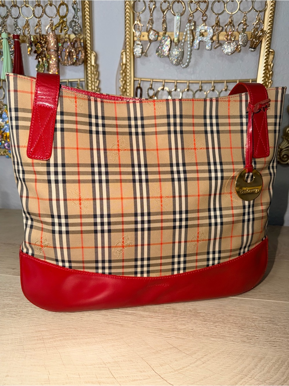 Burberry Beige Check Tote with Red Leather Trim